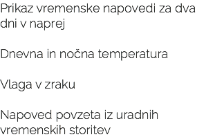 Prikaz vremenske napovedi za dva dni v naprej Dnevna in nočna temperatura Vlaga v zraku Napoved povzeta iz uradnih vremenskih storitev