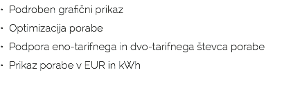 • Podroben grafični prikaz • Optimizacija porabe • Podpora eno-tarifnega in dvo-tarifnega števca porabe • Prikaz porabe v EUR in kWh